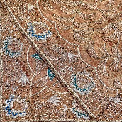 Indian Vintage Heavy Golden Dupatta Tissue Silk Long Stole Hand Embroidered Scarf Zari Zardozi/Dabka