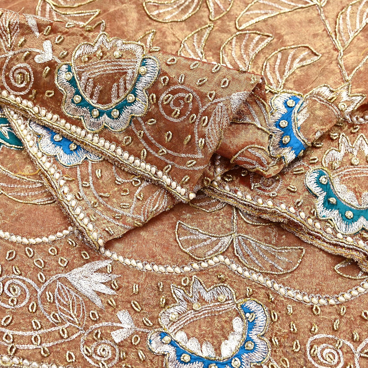 Indian Vintage Heavy Golden Dupatta Tissue Silk Long Stole Hand Embroidered Scarf Zari Zardozi/Dabka