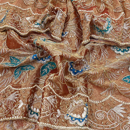 Indian Vintage Heavy Golden Dupatta Tissue Silk Long Stole Hand Embroidered Scarf Zari Zardozi/Dabka