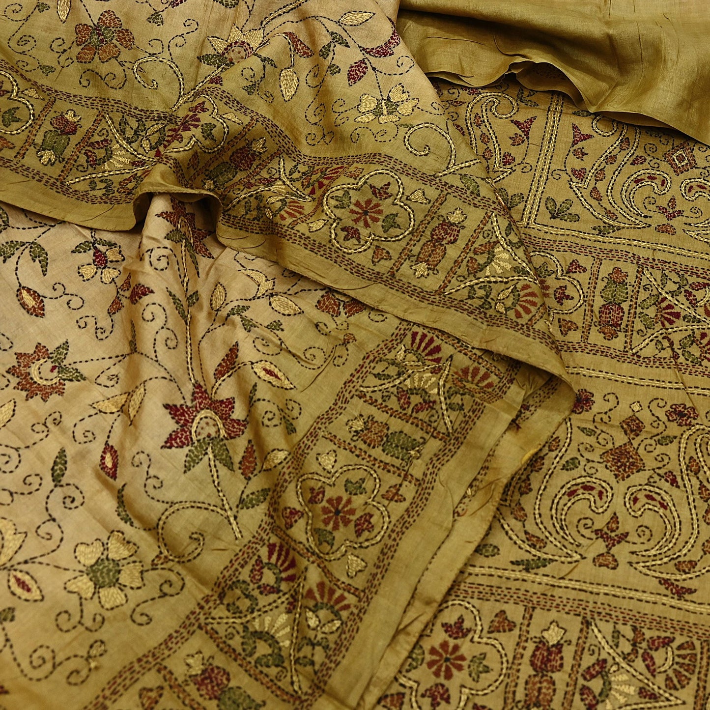 Indian Vintage Green Saree 100% Pure Silk Hand Embroidered Kantha Sari Fabric 5Yd Sewing Floral Sequin