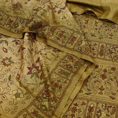 Indian Vintage Green Saree 100% Pure Silk Hand Embroidered Kantha Sari Fabric 5Yd Sewing Floral Sequin
