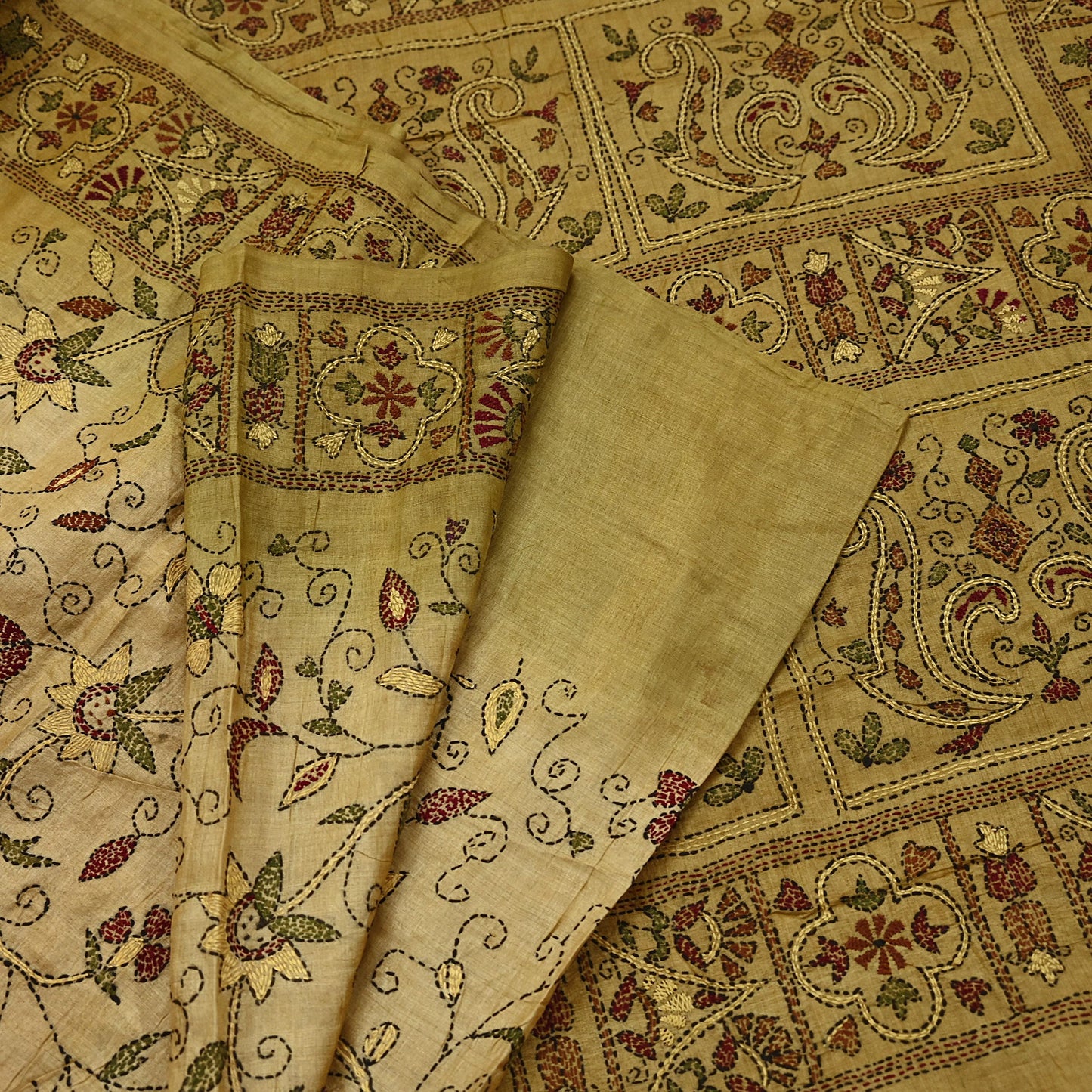 Indian Vintage Green Saree 100% Pure Silk Hand Embroidered Kantha Sari Fabric 5Yd Sewing Floral Sequin