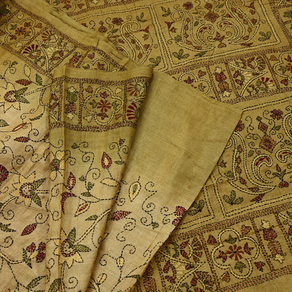 Indian Vintage Green Saree 100% Pure Silk Hand Embroidered Kantha Sari Fabric 5Yd Sewing Floral Sequin