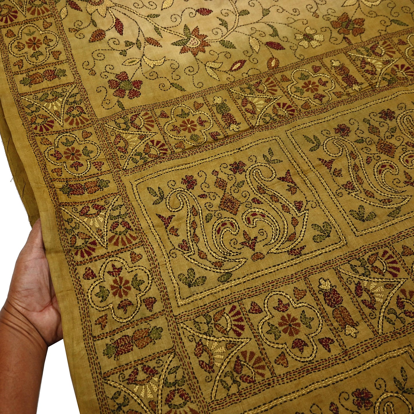 Indian Vintage Green Saree 100% Pure Silk Hand Embroidered Kantha Sari Fabric 5Yd Sewing Floral Sequin