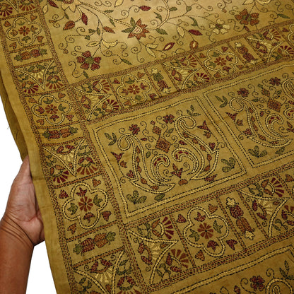Indian Vintage Green Saree 100% Pure Silk Hand Embroidered Kantha Sari Fabric 5Yd Sewing Floral Sequin