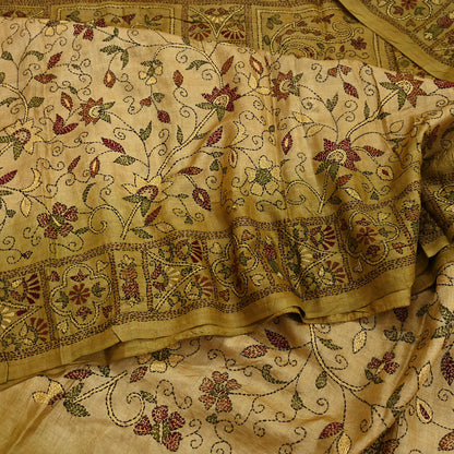 Indian Vintage Green Saree 100% Pure Silk Hand Embroidered Kantha Sari Fabric 5Yd Sewing Floral Sequin
