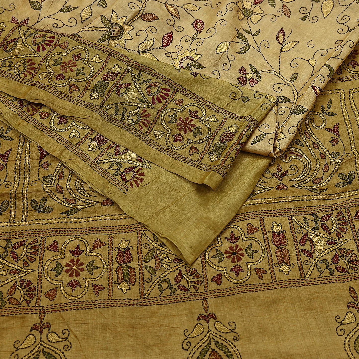 Indian Vintage Green Saree 100% Pure Silk Hand Embroidered Kantha Sari Fabric 5Yd Sewing Floral Sequin