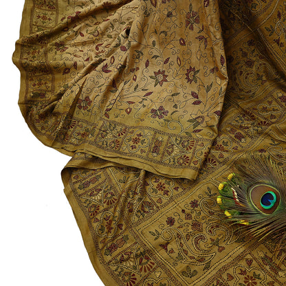 Indian Vintage Green Saree 100% Pure Silk Hand Embroidered Kantha Sari Fabric 5Yd Sewing Floral Sequin