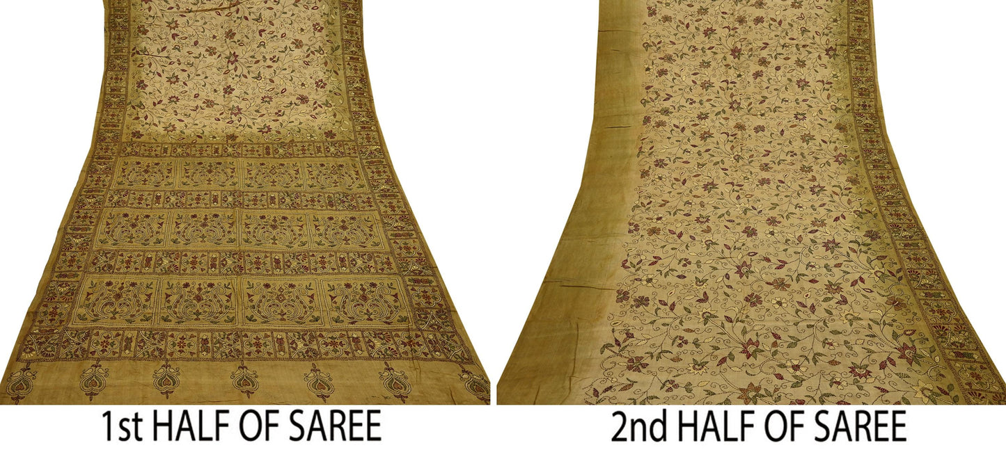 Indian Vintage Green Saree 100% Pure Silk Hand Embroidered Kantha Sari Fabric 5Yd Sewing Floral Sequin