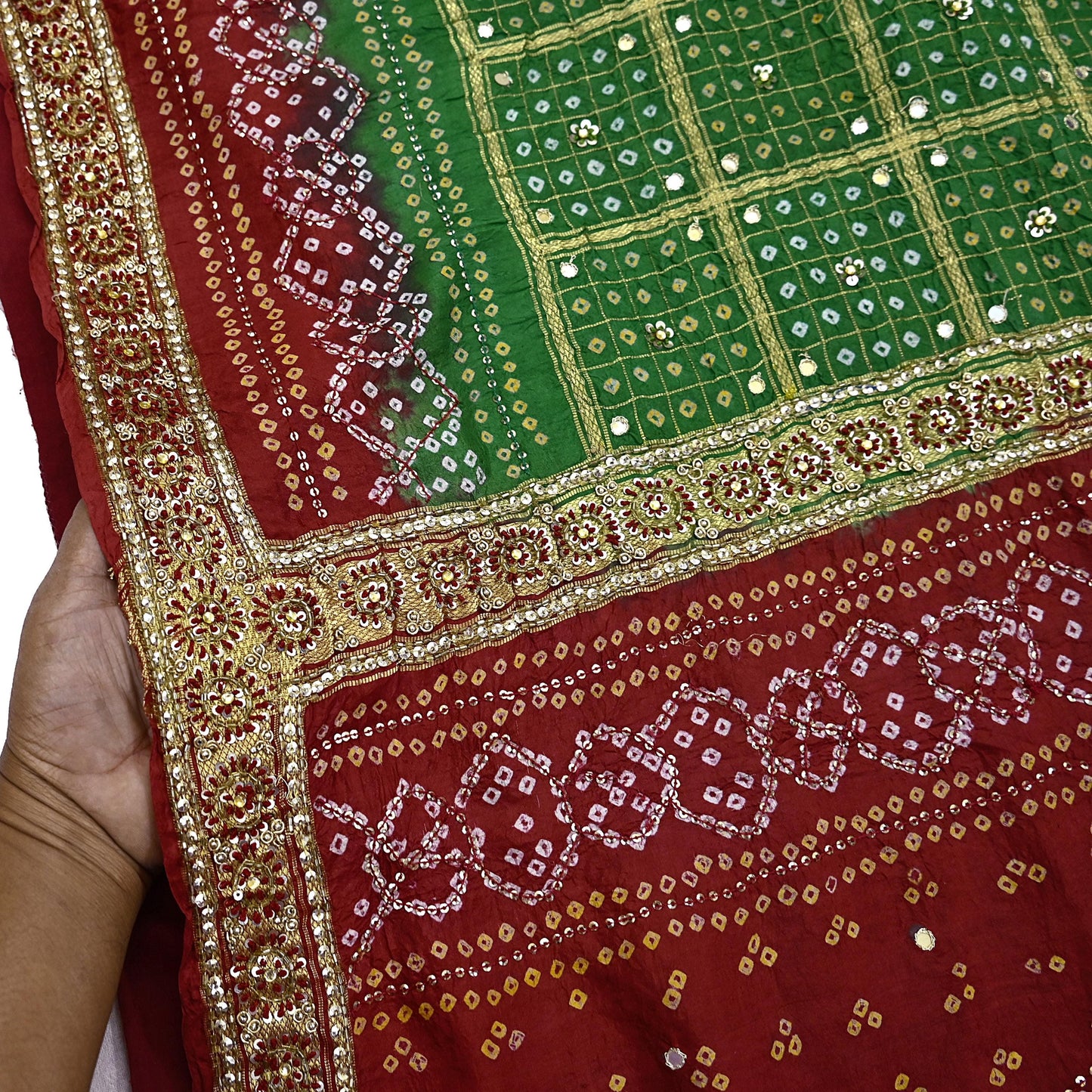Indian Vintage Red & Green Saree Hand Embroidered Bandhani Printed Sari 100% Pure Silk Fabric 5yard Soft Craft Fabric Beaded