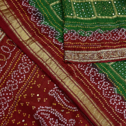 Indian Vintage Red & Green Saree Hand Embroidered Bandhani Printed Sari 100% Pure Silk Fabric 5yard Soft Craft Fabric Beaded