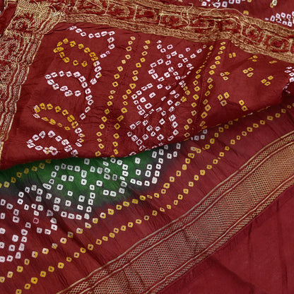 Indian Vintage Red & Green Saree Hand Embroidered Bandhani Printed Sari 100% Pure Silk Fabric 5yard Soft Craft Fabric Beaded