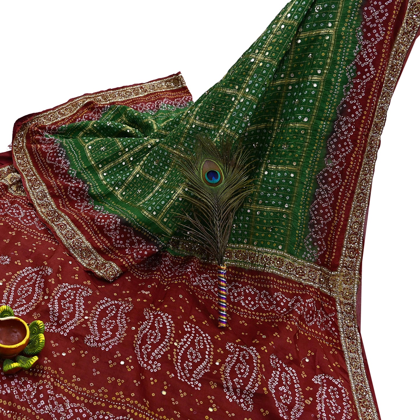 Indian Vintage Red & Green Saree Hand Embroidered Bandhani Printed Sari 100% Pure Silk Fabric 5yard Soft Craft Fabric Beaded