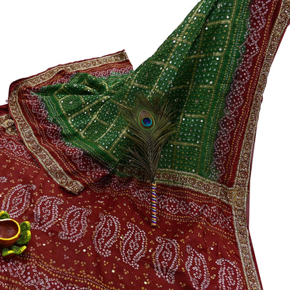 Indian Vintage Red & Green Saree Hand Embroidered Bandhani Printed Sari 100% Pure Silk Fabric 5yard Soft Craft Fabric Beaded