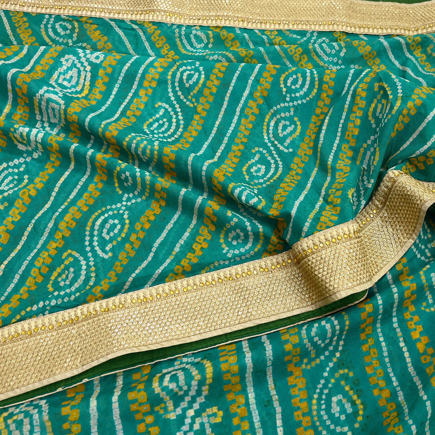 Indian Vintage Green Saree Hand Embroidered Bandhani Printed Sari 100% Pure Silk 5yard Soft Craft Fabric Beaded