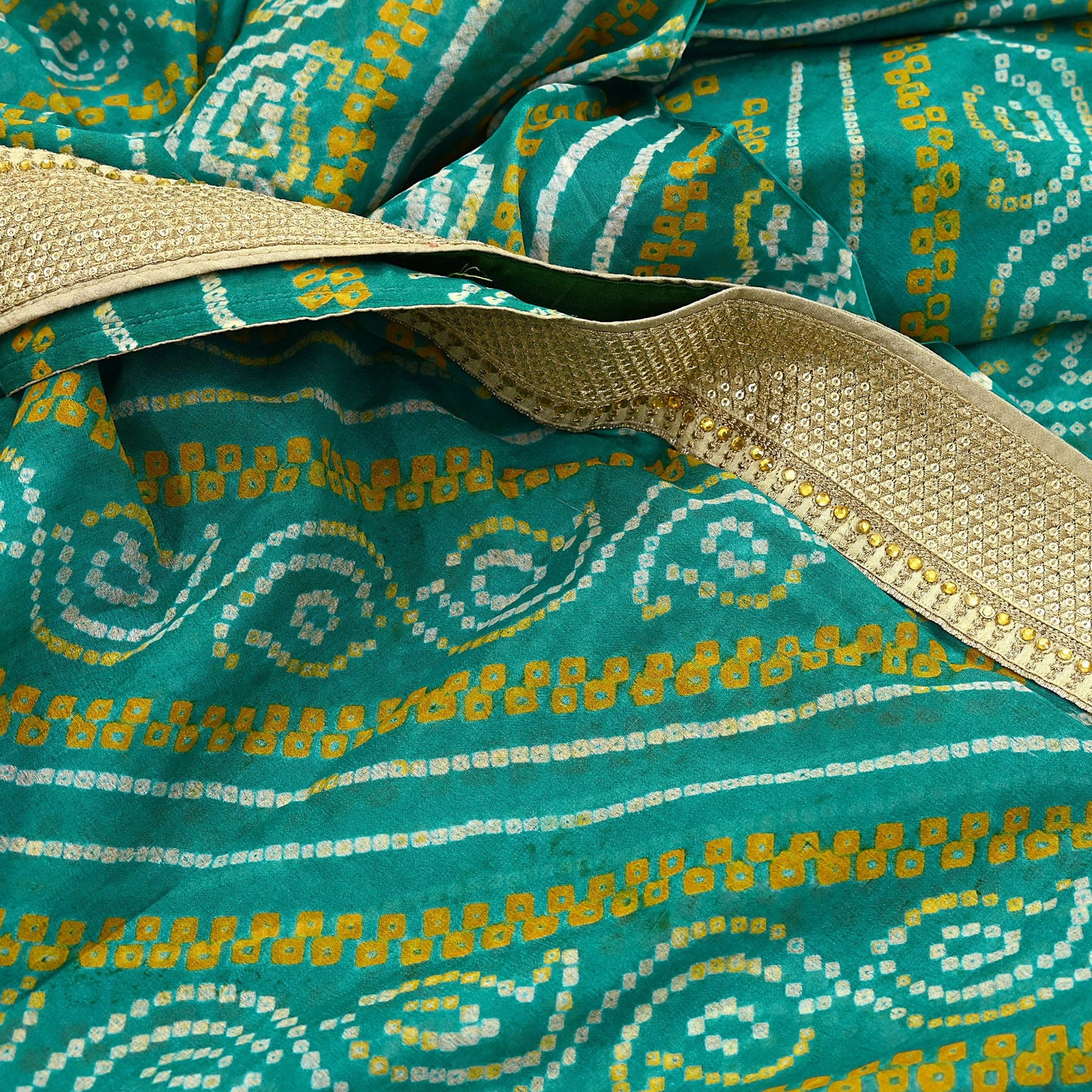 Indian Vintage Green Saree Hand Embroidered Bandhani Printed Sari 100% Pure Silk 5yard Soft Craft Fabric Beaded