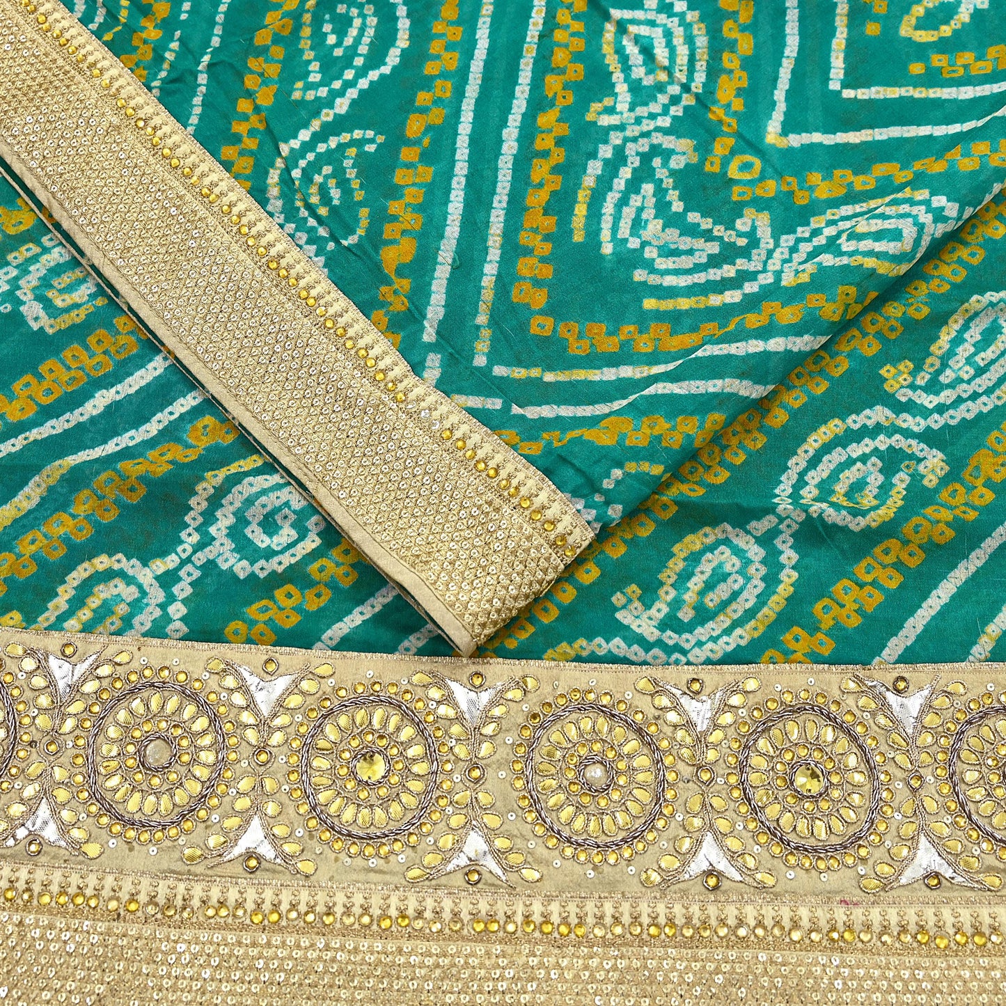 Indian Vintage Green Saree Hand Embroidered Bandhani Printed Sari 100% Pure Silk 5yard Soft Craft Fabric Beaded