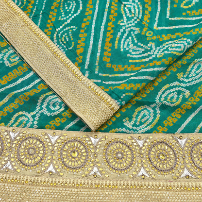 Indian Vintage Green Saree Hand Embroidered Bandhani Printed Sari 100% Pure Silk 5yard Soft Craft Fabric Beaded