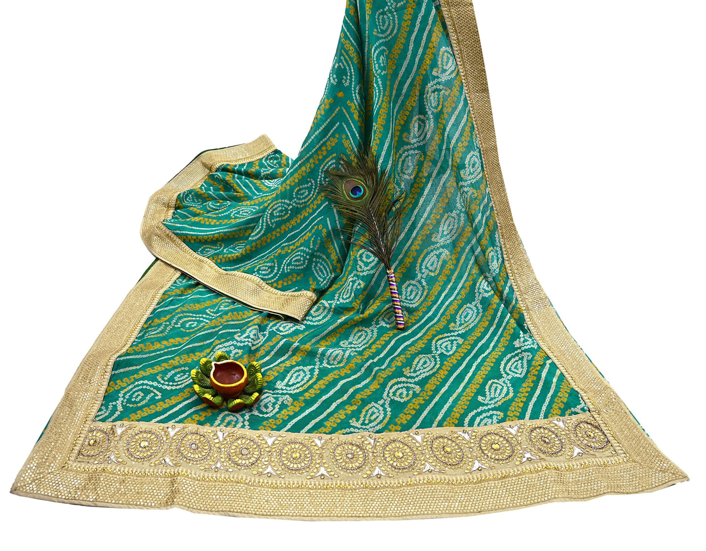 Indian Vintage Green Saree Hand Embroidered Bandhani Printed Sari 100% Pure Silk 5yard Soft Craft Fabric Beaded