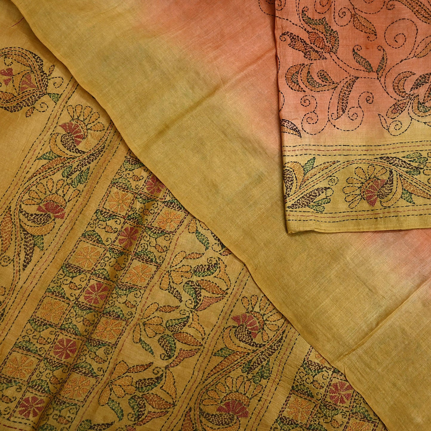 Indian Vintage Orange & Green Saree 100% Pure Silk Hand Embroidered Kantha Sari Fabric 5Yd Sewing Floral Sequin