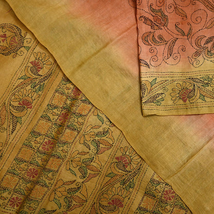 Indian Vintage Orange & Green Saree 100% Pure Silk Hand Embroidered Kantha Sari Fabric 5Yd Sewing Floral Sequin