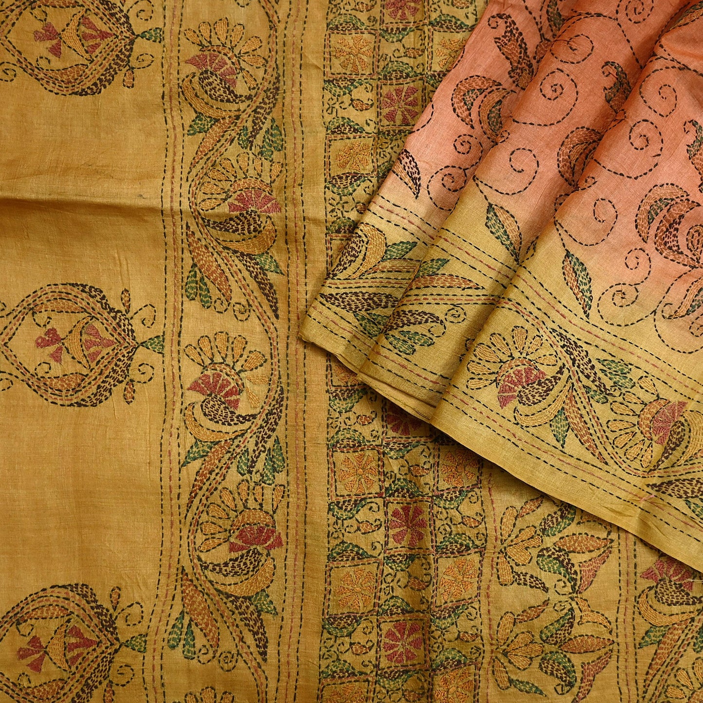 Indian Vintage Orange & Green Saree 100% Pure Silk Hand Embroidered Kantha Sari Fabric 5Yd Sewing Floral Sequin