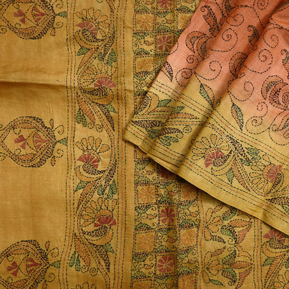 Indian Vintage Orange & Green Saree 100% Pure Silk Hand Embroidered Kantha Sari Fabric 5Yd Sewing Floral Sequin