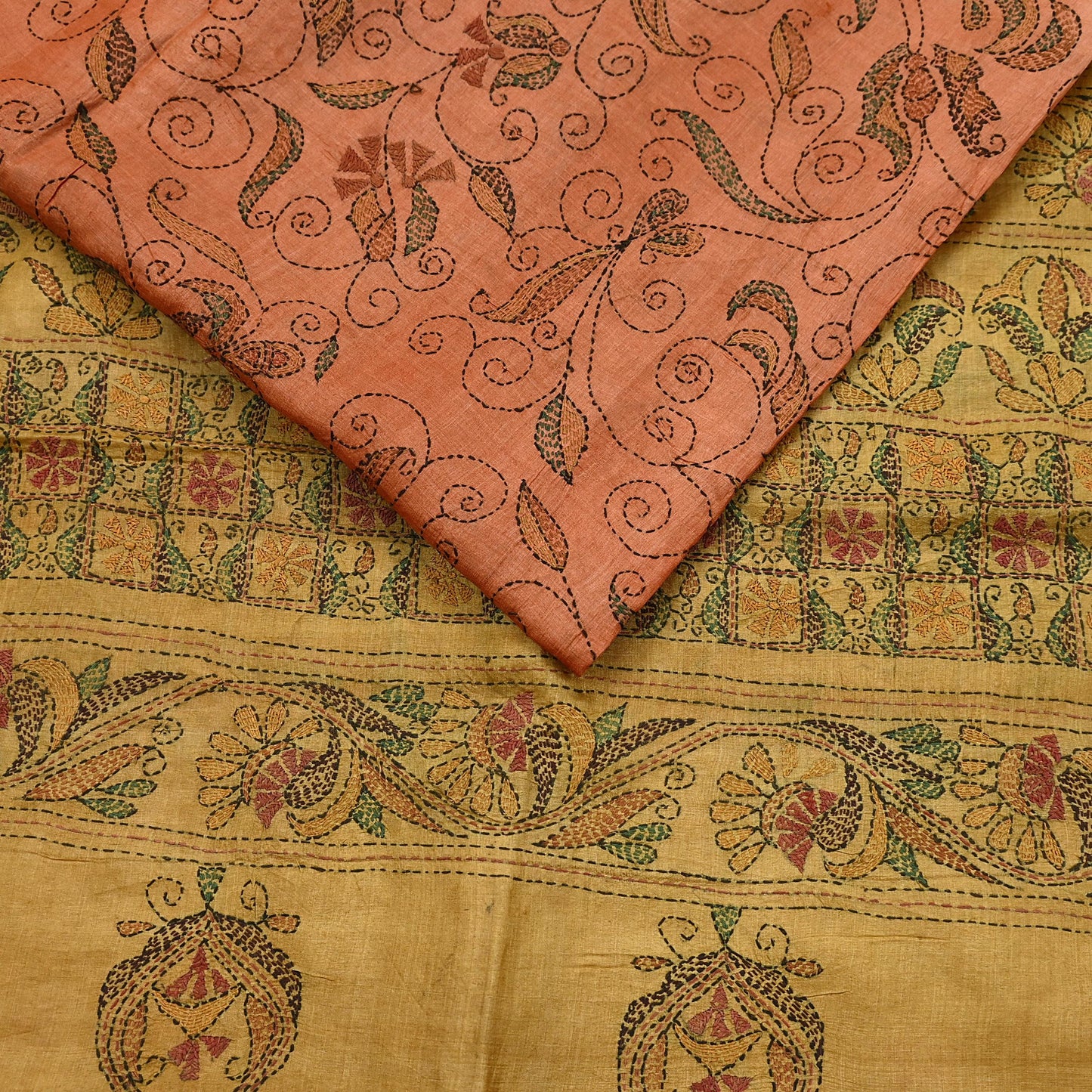 Indian Vintage Orange & Green Saree 100% Pure Silk Hand Embroidered Kantha Sari Fabric 5Yd Sewing Floral Sequin