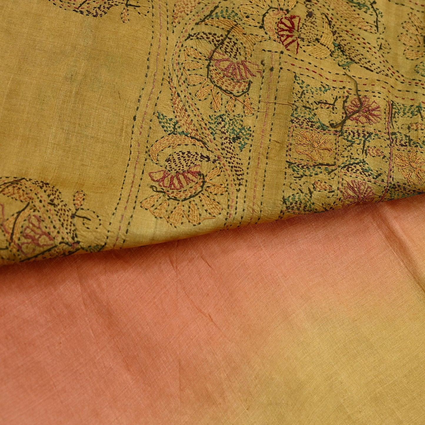 Indian Vintage Orange & Green Saree 100% Pure Silk Hand Embroidered Kantha Sari Fabric 5Yd Sewing Floral Sequin