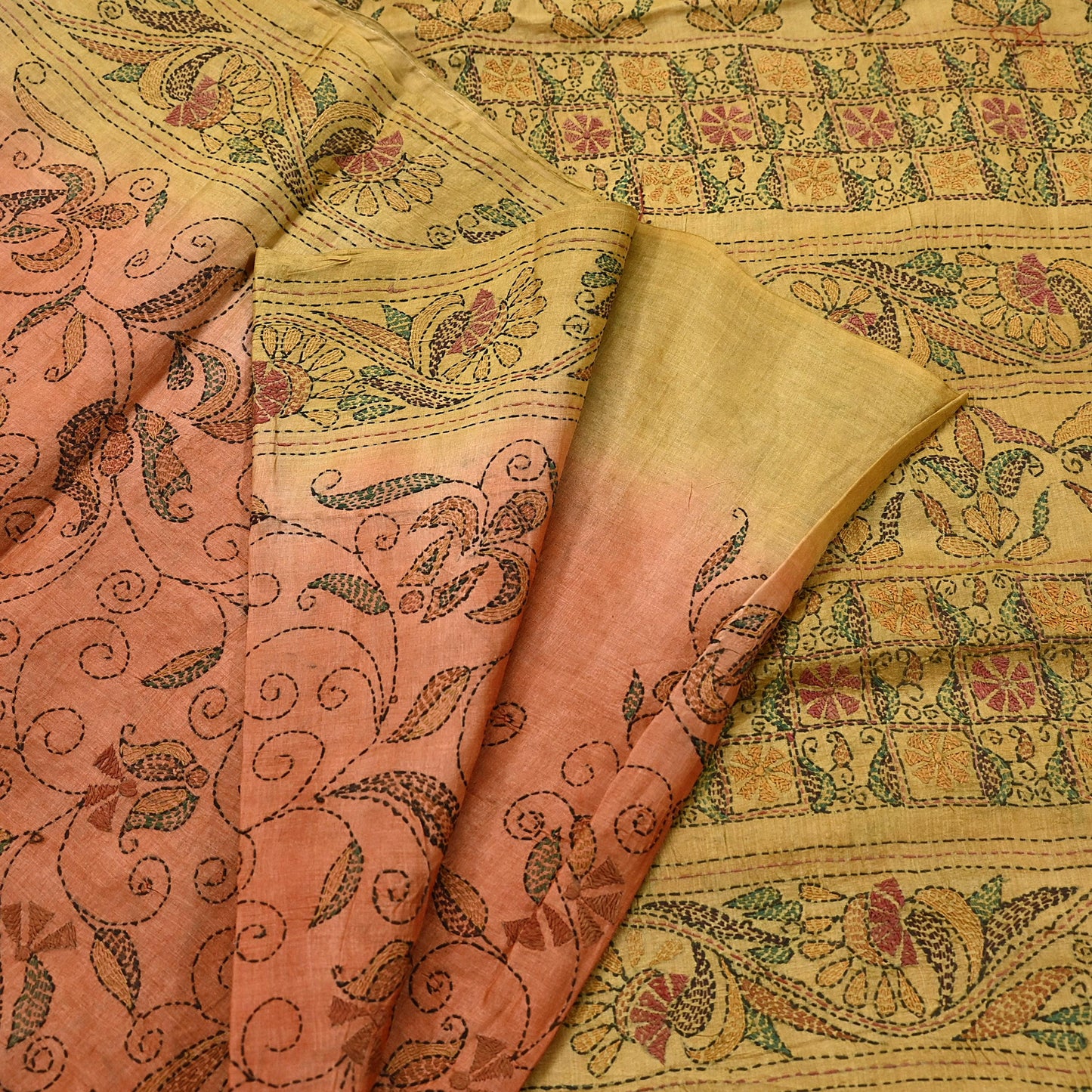 Indian Vintage Orange & Green Saree 100% Pure Silk Hand Embroidered Kantha Sari Fabric 5Yd Sewing Floral Sequin