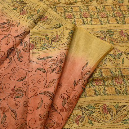 Indian Vintage Orange & Green Saree 100% Pure Silk Hand Embroidered Kantha Sari Fabric 5Yd Sewing Floral Sequin