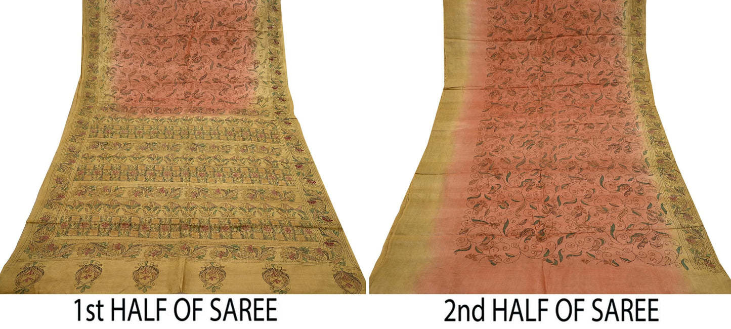 Indian Vintage Orange & Green Saree 100% Pure Silk Hand Embroidered Kantha Sari Fabric 5Yd Sewing Floral Sequin