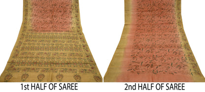 Indian Vintage Orange & Green Saree 100% Pure Silk Hand Embroidered Kantha Sari Fabric 5Yd Sewing Floral Sequin