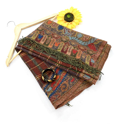 Indian Vintage Multi Pure Woolen Shawl Handmade Woven Work Long Throw Stole Warm Abstract Design Soft