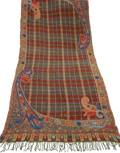 Indian Vintage Multi Pure Woolen Shawl Handmade Woven Work Long Throw Stole Warm Abstract Design Soft