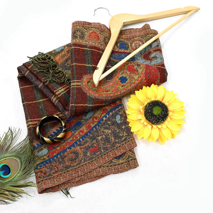 Indian Vintage Multi Pure Woolen Shawl Handmade Woven Work Long Throw Stole Warm Abstract Design Soft