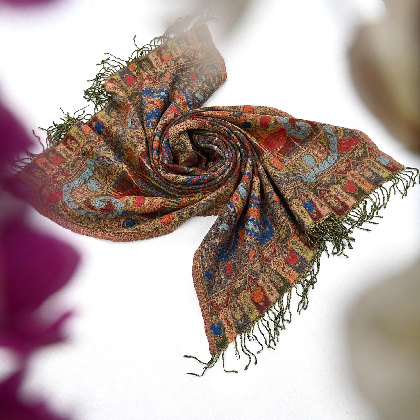 Indian Vintage Multi Pure Woolen Shawl Handmade Woven Work Long Throw Stole Warm Abstract Design Soft