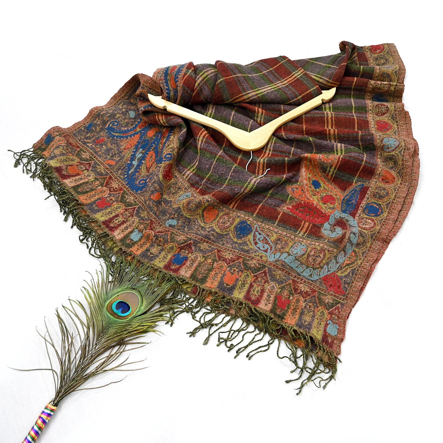 Indian Vintage Multi Pure Woolen Shawl Handmade Woven Work Long Throw Stole Warm Abstract Design Soft