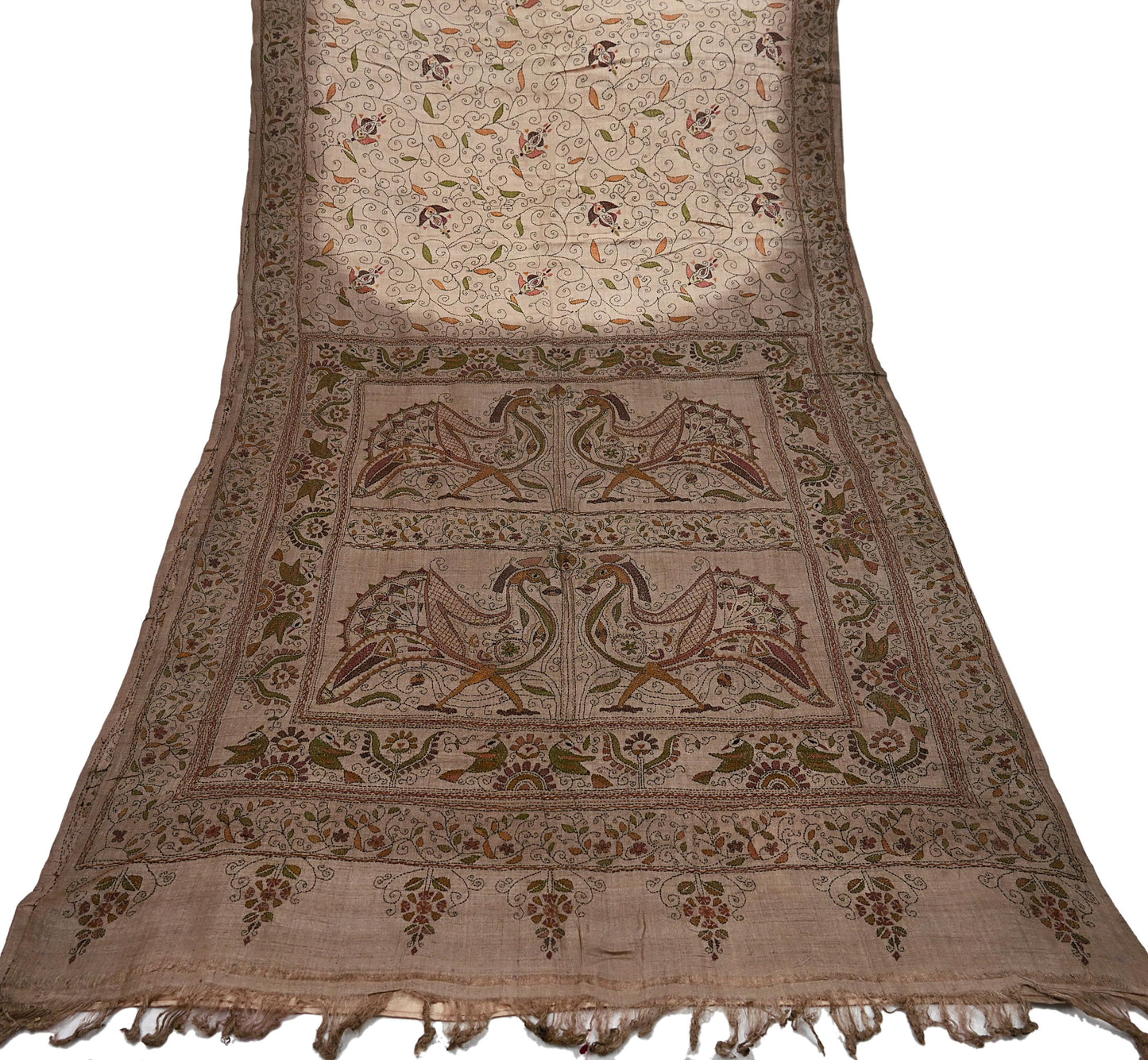 Indian Vintage Beige & Brown Saree 100% Pure Silk Hand Embroidered Kantha Sari Fabric 5Yd Sewing Floral Sequin