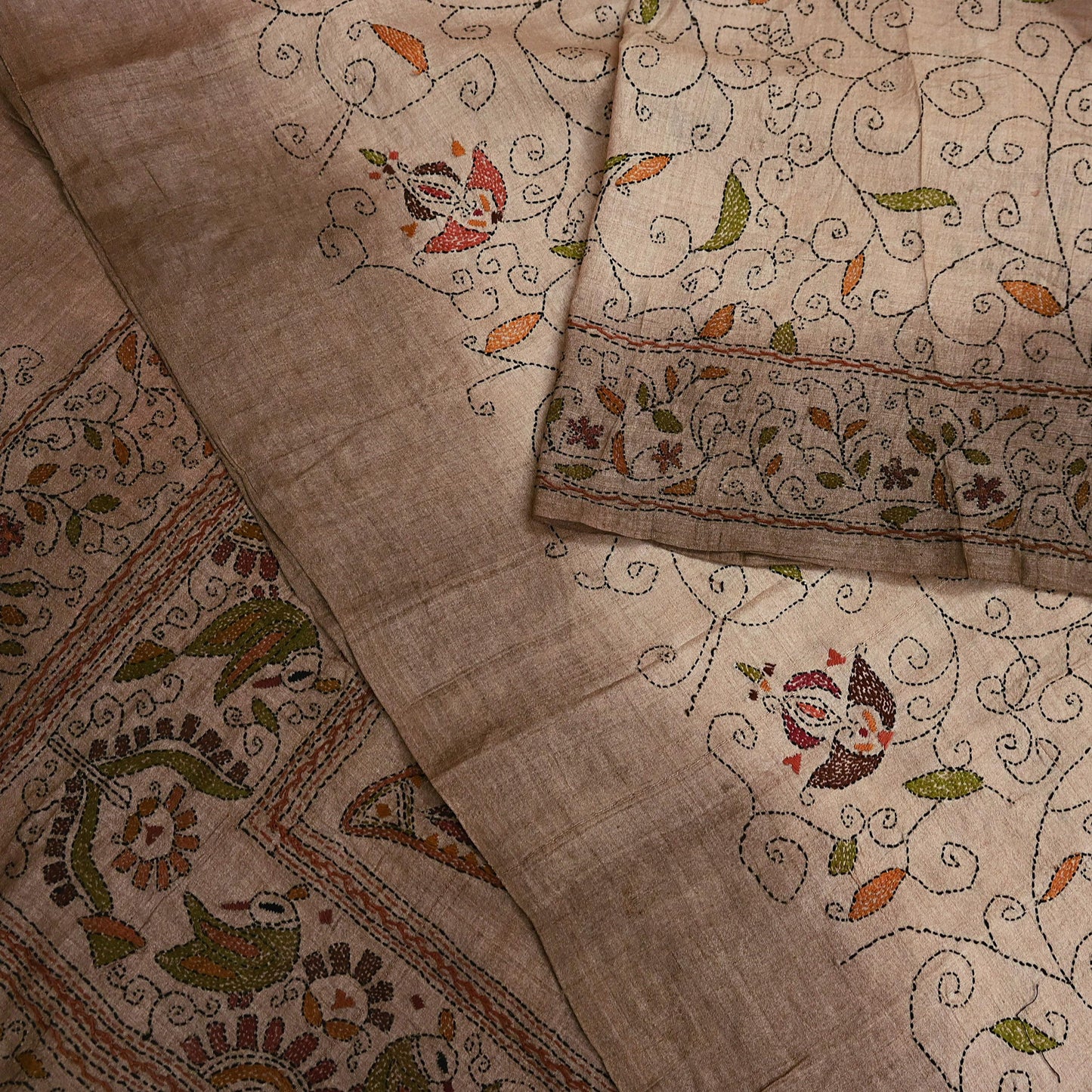 Indian Vintage Beige & Brown Saree 100% Pure Silk Hand Embroidered Kantha Sari Fabric 5Yd Sewing Floral Sequin
