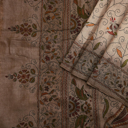 Indian Vintage Beige & Brown Saree 100% Pure Silk Hand Embroidered Kantha Sari Fabric 5Yd Sewing Floral Sequin