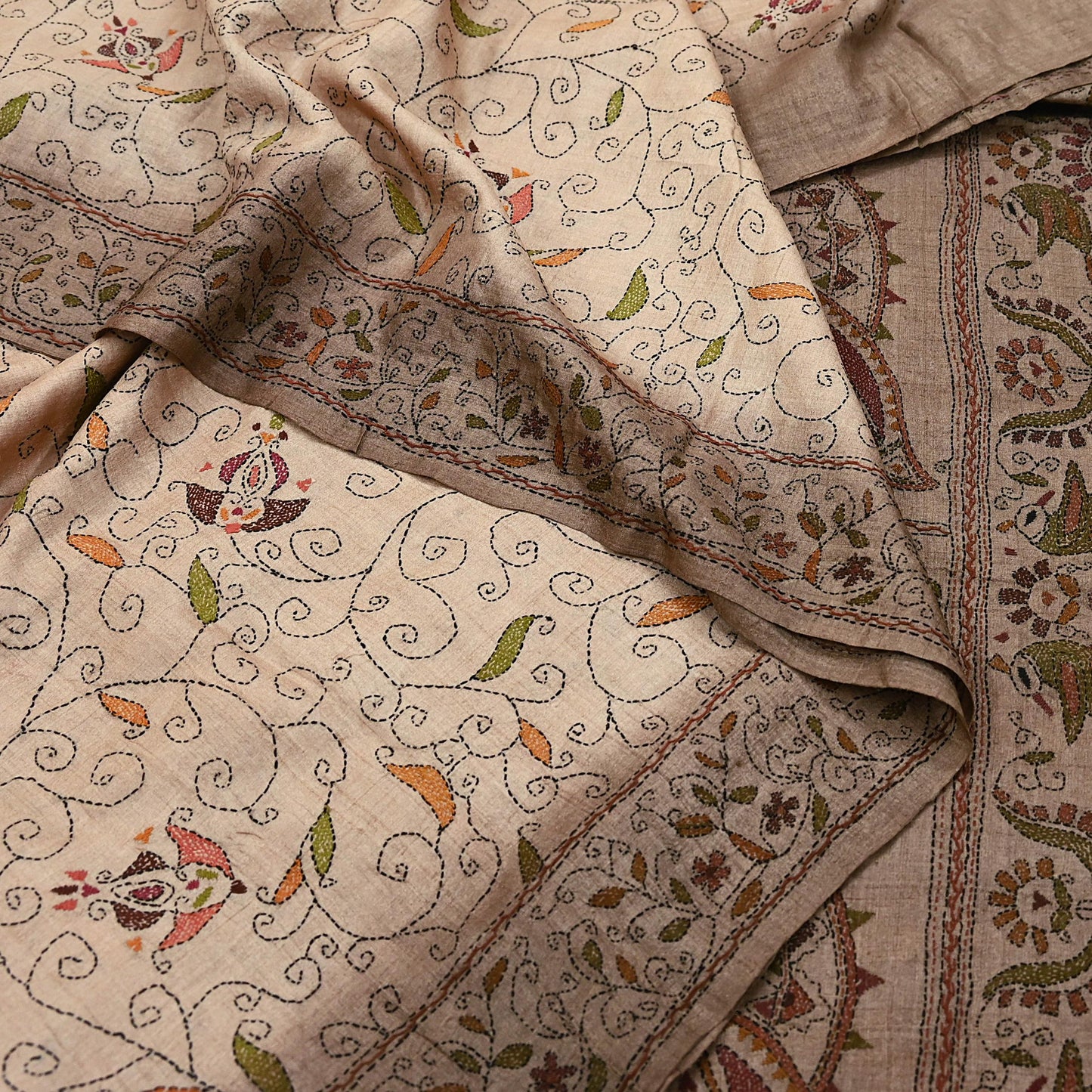 Indian Vintage Beige & Brown Saree 100% Pure Silk Hand Embroidered Kantha Sari Fabric 5Yd Sewing Floral Sequin