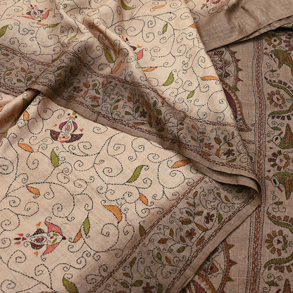 Indian Vintage Beige & Brown Saree 100% Pure Silk Hand Embroidered Kantha Sari Fabric 5Yd Sewing Floral Sequin