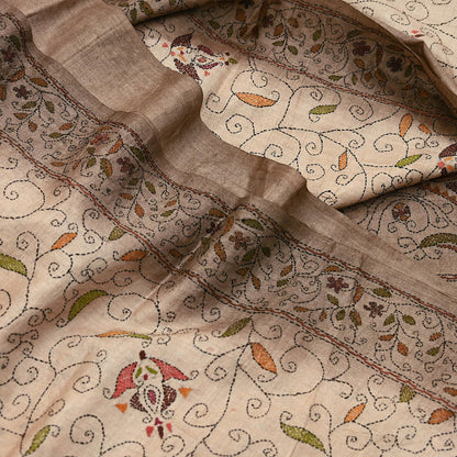 Indian Vintage Beige & Brown Saree 100% Pure Silk Hand Embroidered Kantha Sari Fabric 5Yd Sewing Floral Sequin
