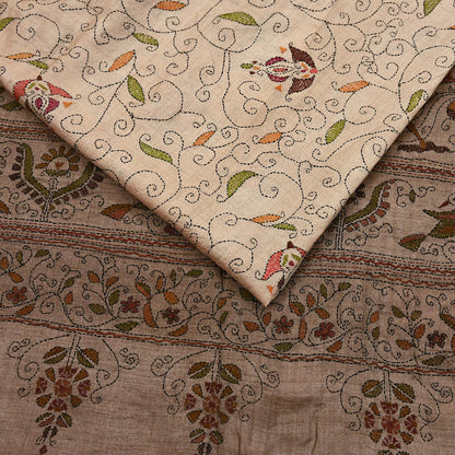 Indian Vintage Beige & Brown Saree 100% Pure Silk Hand Embroidered Kantha Sari Fabric 5Yd Sewing Floral Sequin