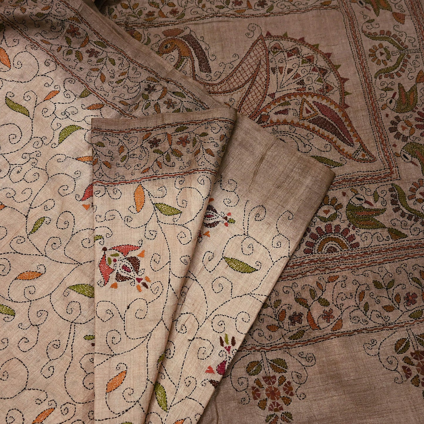 Indian Vintage Beige & Brown Saree 100% Pure Silk Hand Embroidered Kantha Sari Fabric 5Yd Sewing Floral Sequin