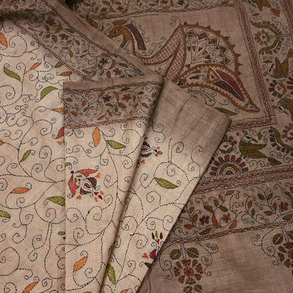 Indian Vintage Beige & Brown Saree 100% Pure Silk Hand Embroidered Kantha Sari Fabric 5Yd Sewing Floral Sequin