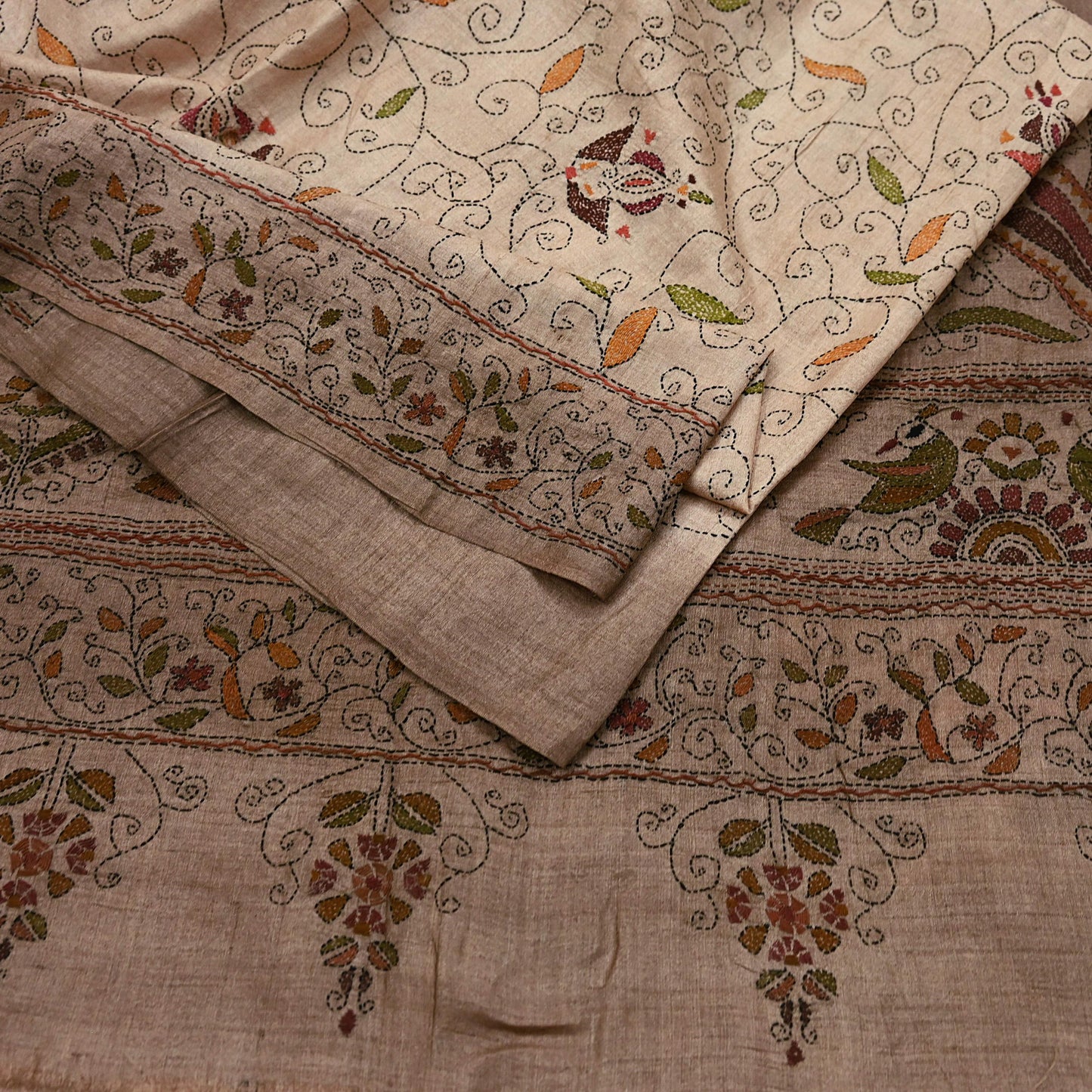 Indian Vintage Beige & Brown Saree 100% Pure Silk Hand Embroidered Kantha Sari Fabric 5Yd Sewing Floral Sequin