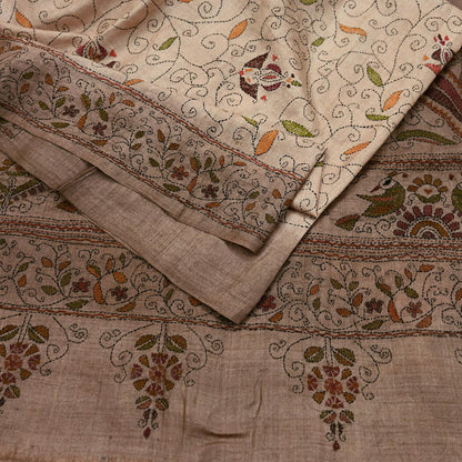 Indian Vintage Beige & Brown Saree 100% Pure Silk Hand Embroidered Kantha Sari Fabric 5Yd Sewing Floral Sequin