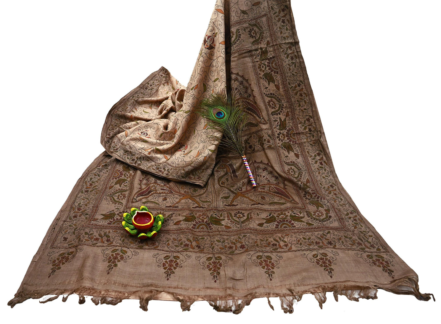 Indian Vintage Beige & Brown Saree 100% Pure Silk Hand Embroidered Kantha Sari Fabric 5Yd Sewing Floral Sequin